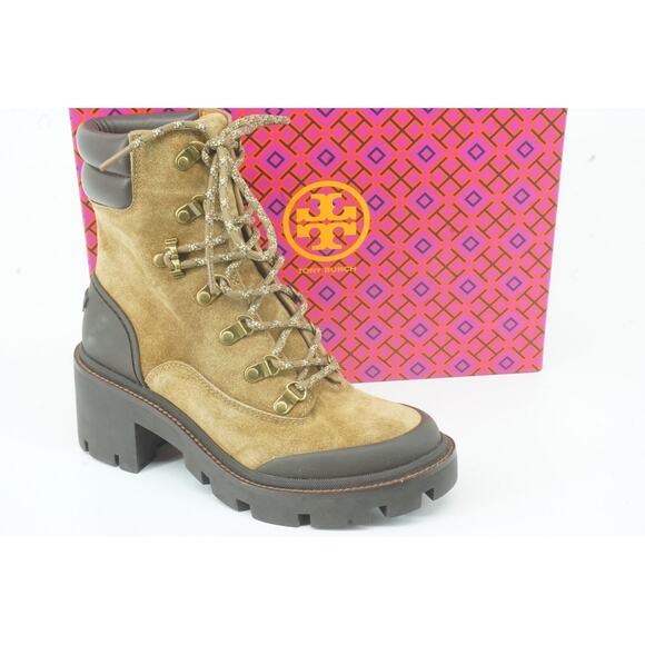 Tory Burch Suede Hiker High Heel Ankle Boots Size 7 Lug Logo $440 Lace Up